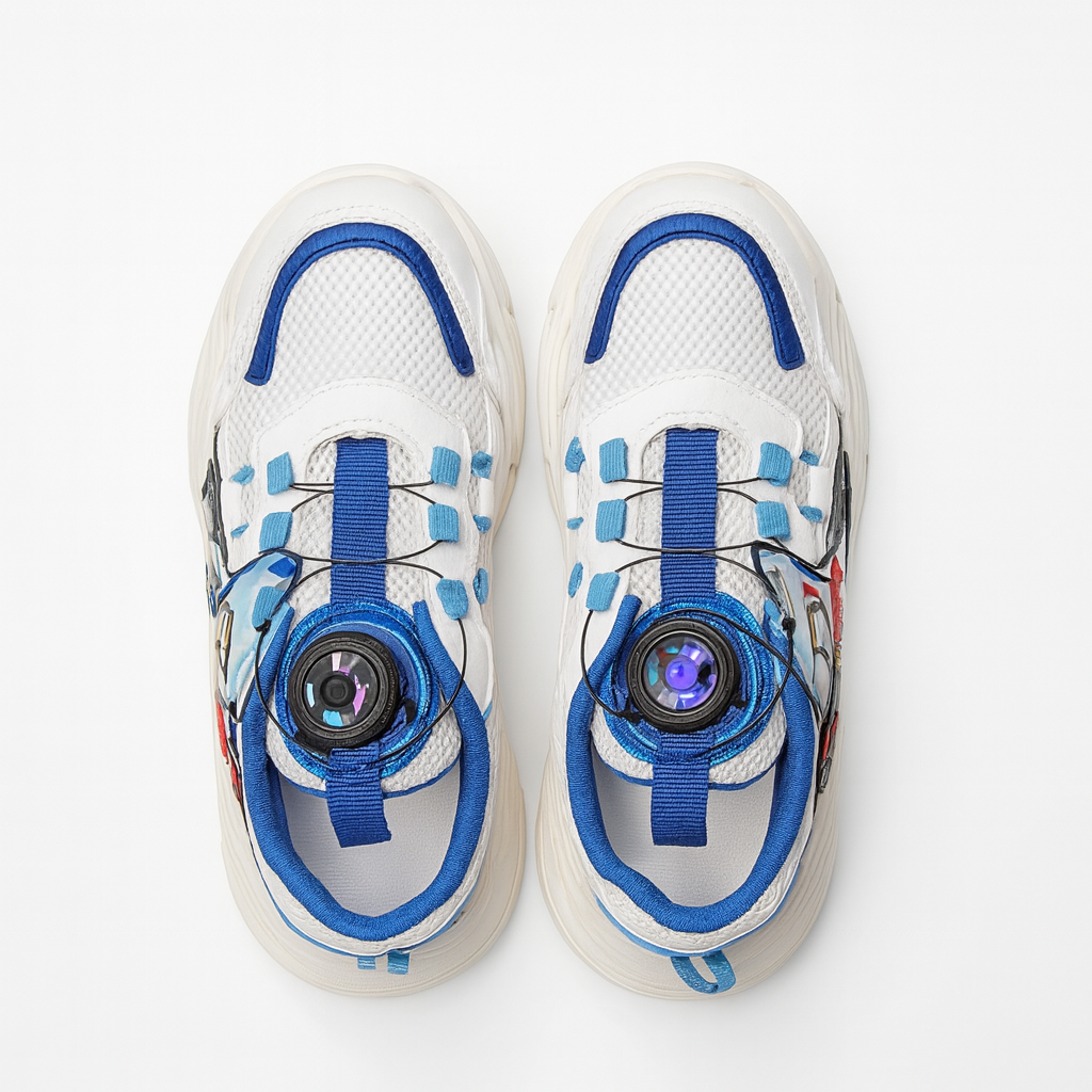 White sneakers with blue accents on a white background
