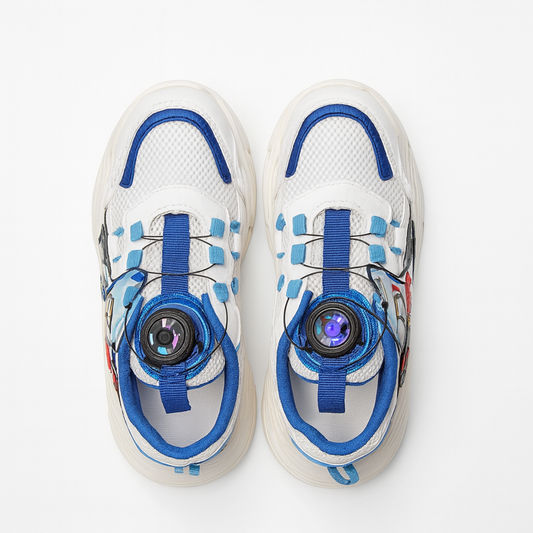 White sneakers with blue accents on a white background
