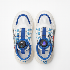 White sneakers with blue accents on a white background