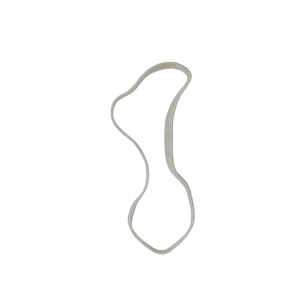 Thin, curved metallic object on a white background