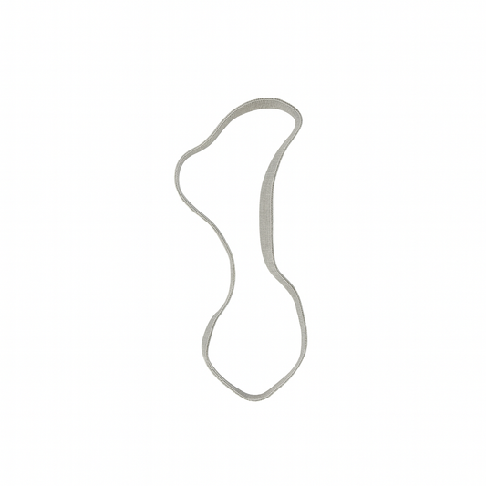 Thin, curved metallic object on a white background