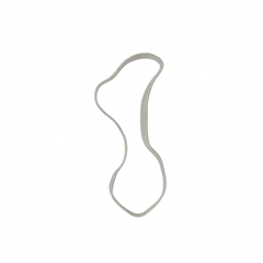 Thin, curved metallic object on a white background