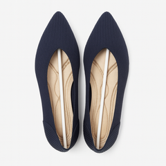 Pair of navy blue pointed-toe flats on a white background