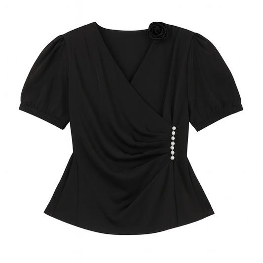 [001]GS  Women's Summer Plus Size Acetate Satin V-Neck Short Sleeve Shirt Curvy Stunning Blouse Waist-Tightening Asymmetrical Strapless Top