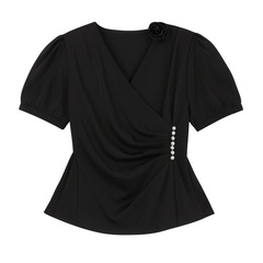 [001]GS  Women's Summer Plus Size Acetate Satin V-Neck Short Sleeve Shirt Curvy Stunning Blouse Waist-Tightening Asymmetrical Strapless Top