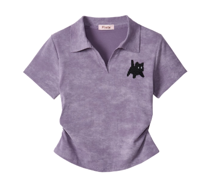 [018]MS Purple Polo Collar Short Sleeve Women's 2025 New Summer Flocked Sweet and Spicy Slimming Short-Length Top