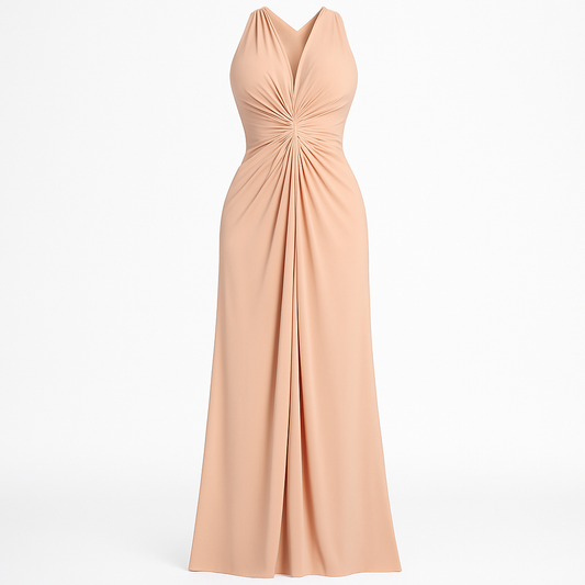 [026]MS Plus size women's twist V-neck sleeveless dress, spring designer style pleats waist-tailored slimming bodycon long dress