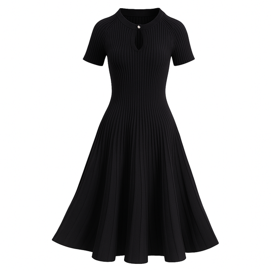 [434]NG Black Knit Dress with Shaped Waist - 2025 New Collection Slimming and Elegant Design
