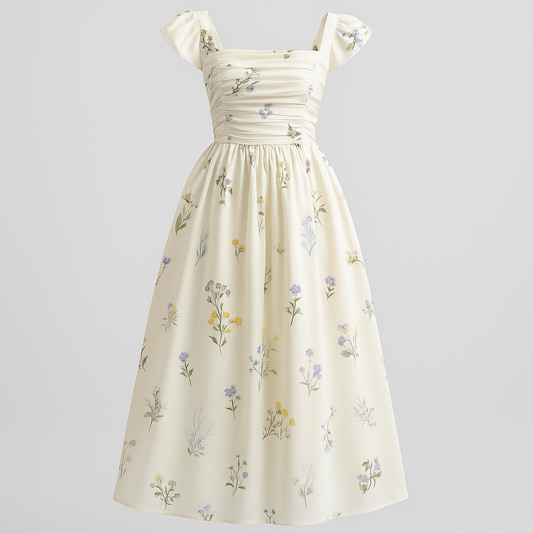 [094]GS  Elegant Women's Summer Resort Backless Cap Sleeve Floral Print Dress with Tailored Waist and Slimming Effect, Long Dress