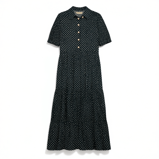[605]GG    New French Vintage Deep Green Polka Dot Shirt Collar Ruffle Hem Tiered dress
