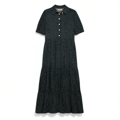 [605]GG    New French Vintage Deep Green Polka Dot Shirt Collar Ruffle Hem Tiered dress