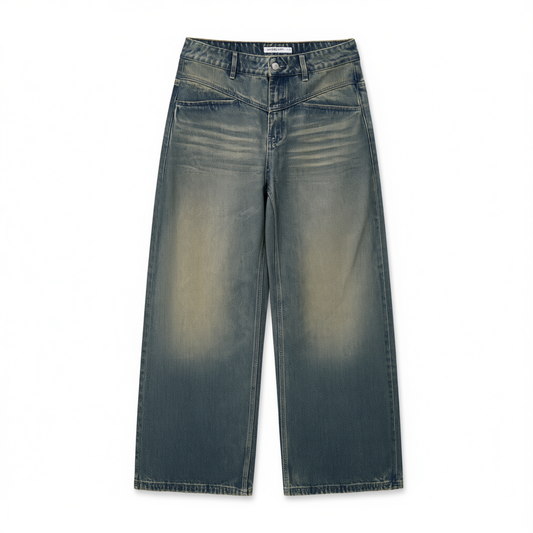 [524]GG    Vintage Navy Loose Straight-Leg Commuter Washed Denim Pants in Notepad-Inspired Retro Design