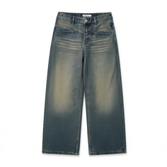 [524]G   Slight Vogue | Vintage Navy Loose Straight-Leg Commuter Washed Denim Pants in Notepad-Inspired Retro Design