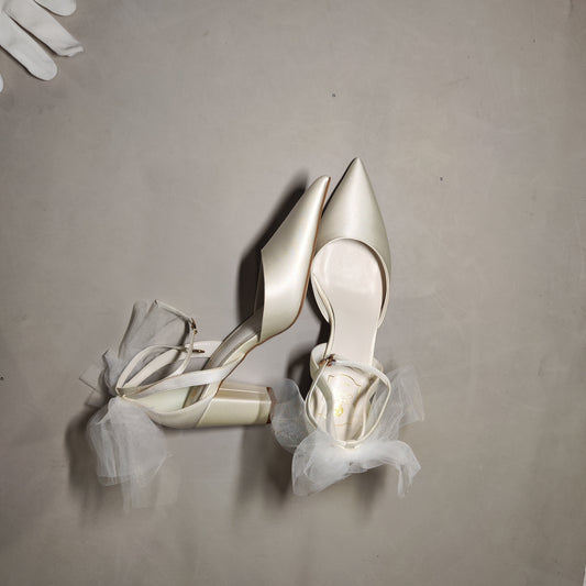 [744]GM   French Wedding Shoes for Women - Thick Heel High Heels Bride's Shoes, Non-Fatigue, Covered Toe Sandals
