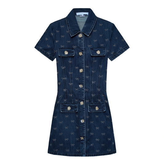 [709]GG     Elegant Sweet and Skinny Bow Tennis Skirt in Denim Blue - Chanel-Inspired Short Skirt