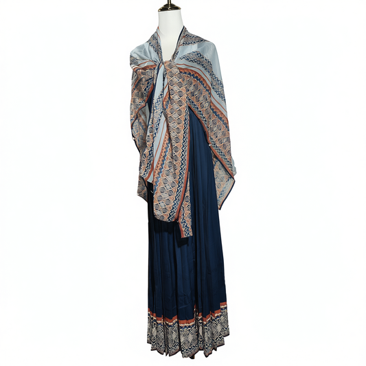 [023]GG    Bird Pattern Light Blue Shoulder Wrap Resort Strap Dress for Women Pleated Midi Dress