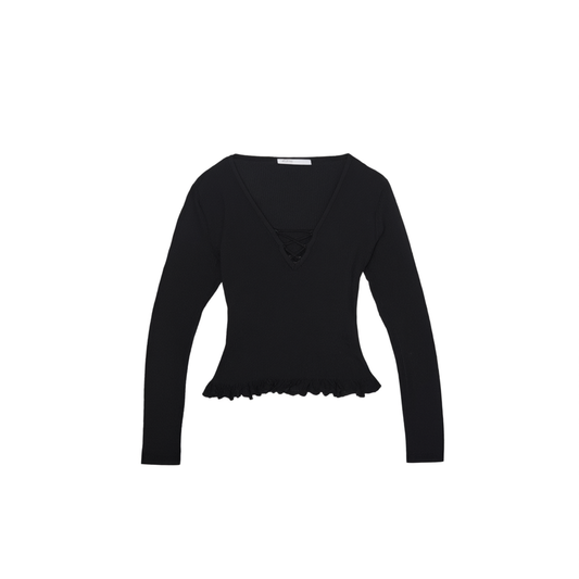[405]GG     French-style black sweater with tie design, sexy and elastic, slim fit, sweet and alluring women's wool sweater