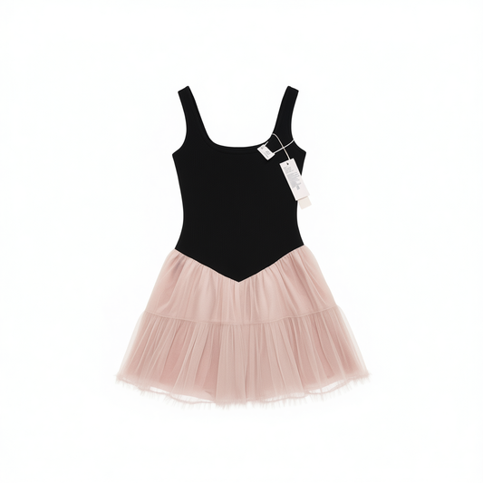 [696]GM   Black and Pink Contrast Color Spaghetti Strap Sleeveless Dress Patchwork Tulle Puff Skirt