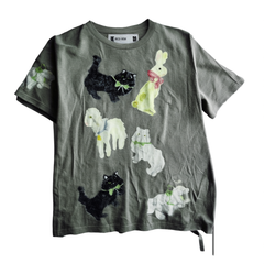 [333]G    Rouje Jeanie Jeanie Gray Animal Cartoon Print Regular Shoulder Short Sleeve T-Shirt Women's Pink Mesh Skirt Set
