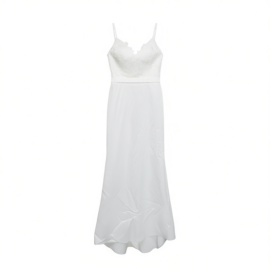 [642]GM   Elegant Floor-Length Spaghetti Strap Open-Back Body-Hugging Pencil Dress with a Small Train - White, White Fresh Travel Photo Wedding Dress
