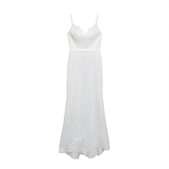 [642]G   Elegant Floor-Length Spaghetti Strap Open-Back Body-Hugging Pencil Dress with a Small Train - White, White Fresh Travel Photo Wedding Dress