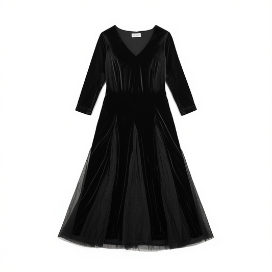 [110]GM  Women's Dress Velvet Mesh Patchwork Slimming Little Black Dress Elegant and Graceful