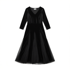 [110]G   [Carnival Price] Vero Moda Women's Dress Velvet Mesh Patchwork Slimming Little Black Dress Elegant and Graceful