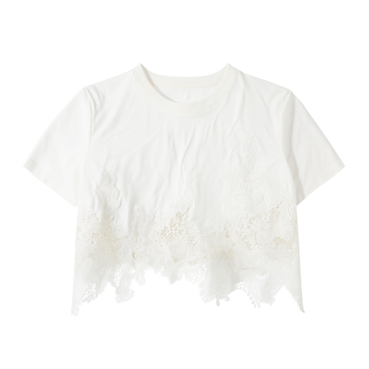 [585]GM   Embossed Lace Crew Neck Simple Short Sleeve T-shirt  Women's Top