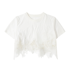 [585]G   FIVE PLUS 3D Embossed Lace Crew Neck Simple Short Sleeve T-shirt  Women's Top