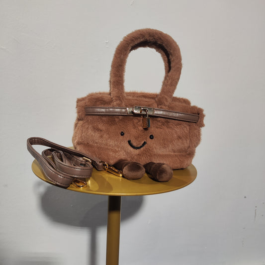 [769]GG   Cute Small Plush Smiley Face Bag Original Soft Brown New Women's Bag with Lock