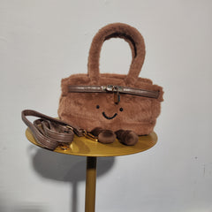 [769]GG   Cute Small Plush Smiley Face Bag Original Soft Brown New Women's Bag with Lock