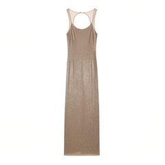 [787]G    French rhinestone tank top sexy hot girl dress women backless ultra-shiny body-hugging evening gown party long skirt