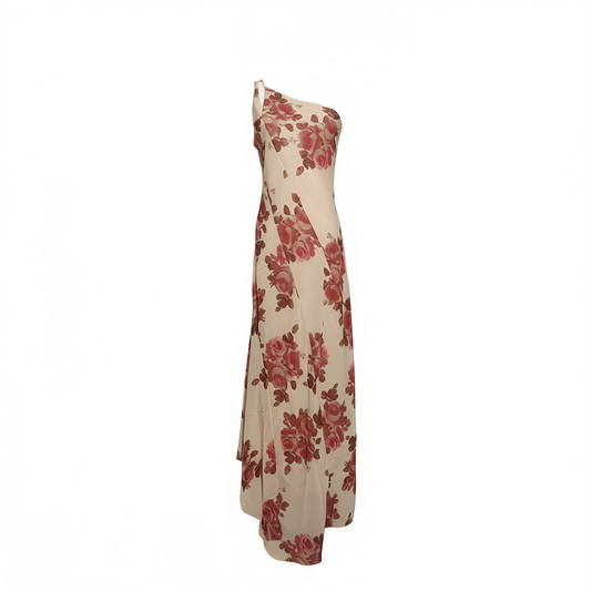 [735]GG    Versatile Style~  Asymmetrical Shoulder Elegant Floral Print Dress for Women, Long Vacation-Style Dress