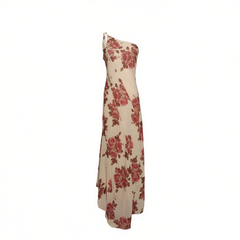 [735]GG    Versatile Style~  Asymmetrical Shoulder Elegant Floral Print Dress for Women, Long Vacation-Style Dress