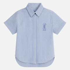 [149]GS  [Promotional Price] Xiangying Preppy Style Blue Stripes Women's Short-Sleeve Shirt 2025 Summer New Arrival Loose-Fitting Collar Shirt Relaxed Top