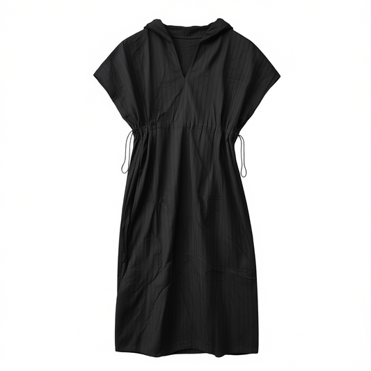[180]GM   All-Cotton Stripe V-Neck Single-Button Loose Hooded Maxi Dress  Drawstring Elegant-Ink Black Short-Sleeve Summer Dress