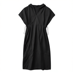 [180]G   [Sale Price] Shuen All-Cotton Stripe V-Neck Single-Button Loose Hooded Maxi Dress  Drawstring Elegant-Ink Black Short-Sleeve Summer Dress