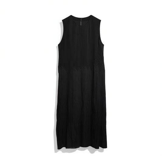 [337]GM    French Vintage Summer Design Round Neck Sleeveless Pleated Minimalist Issey Miyake Style Dress