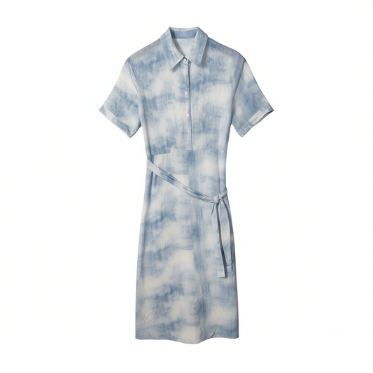 [139]GM   Summer High-End Heavy Silk Shirt Dress Blue Silk Dress for Women