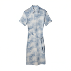 [139]G   The micmle  Summer High-End Heavy Silk Shirt Dress Blue Silk Dress for Women