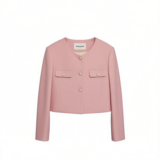 [593]N MandyZhang Elegant Pink Box-shaped Tweed Jacket for Women, Spring Gentle and Stylish Short Cropped Top