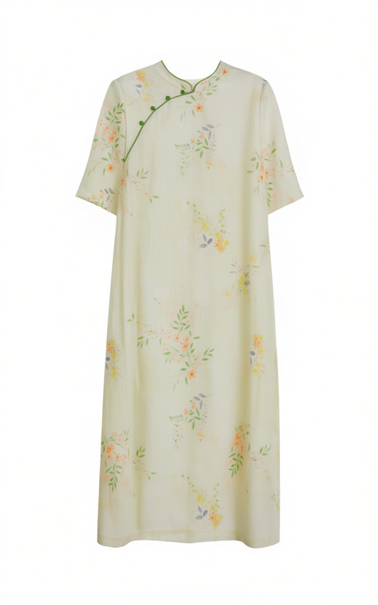 [570]GN  Women's Early Spring New Collection Fresh and Unique Stand-Up Collar Button Fastening Cotton Ramie Modified Cheongsam Dress