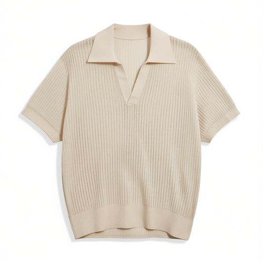 [103]GM   cotton-linen silk seagull-collar double-ribbed textured short-sleeve hollow-out knit polo shirt with an old-money vacation vibe