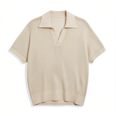[103]G   AC cotton-linen silk seagull-collar double-ribbed textured short-sleeve hollow-out knit polo shirt with an old-money vacation vibe