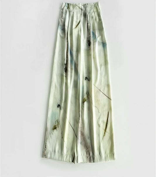 [767]MN Jade-like Ink Wash Series - Silk Wide-Leg Pants with Ink Wash Print, Loose Back with Snug Waist, Smooth and Flowing Casual Pants