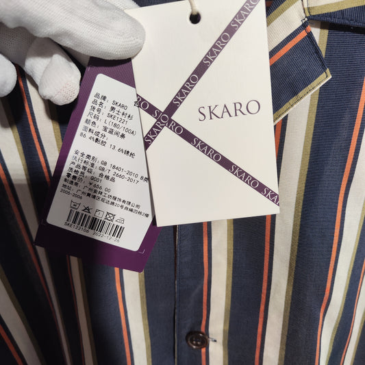 [861]G  [Star Edition] SKARO Ice Silk Cuban Collar Men's Retro Stripe Short-Sleeve Shirt Business Casual Summer