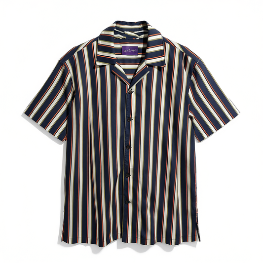 [861]G  [Star Edition] SKARO Ice Silk Cuban Collar Men's Retro Stripe Short-Sleeve Shirt Business Casual Summer