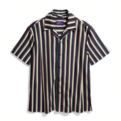 [861]G  [Star Edition] SKARO Ice Silk Cuban Collar Men's Retro Stripe Short-Sleeve Shirt Business Casual Summer