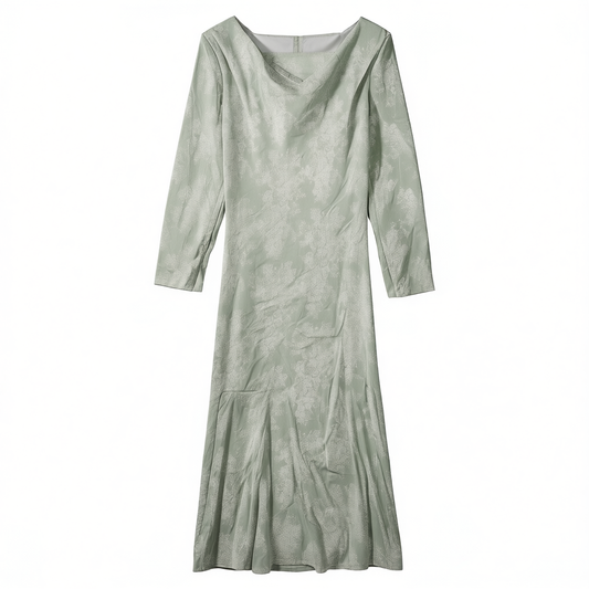 [245]G   SUK Capturing the Beauty of Spring! Custom Jacquard Fabric with Drape, Gentle Off-Shoulder Long-Sleeve Cinched Waist Slimming Dress