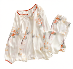 [701]GN    Timeless Moments!! Orange Sea! Elegant Chinese Style Silk Satin Cotton Round Neck Women's Pajamas Set for Spring and Autumn